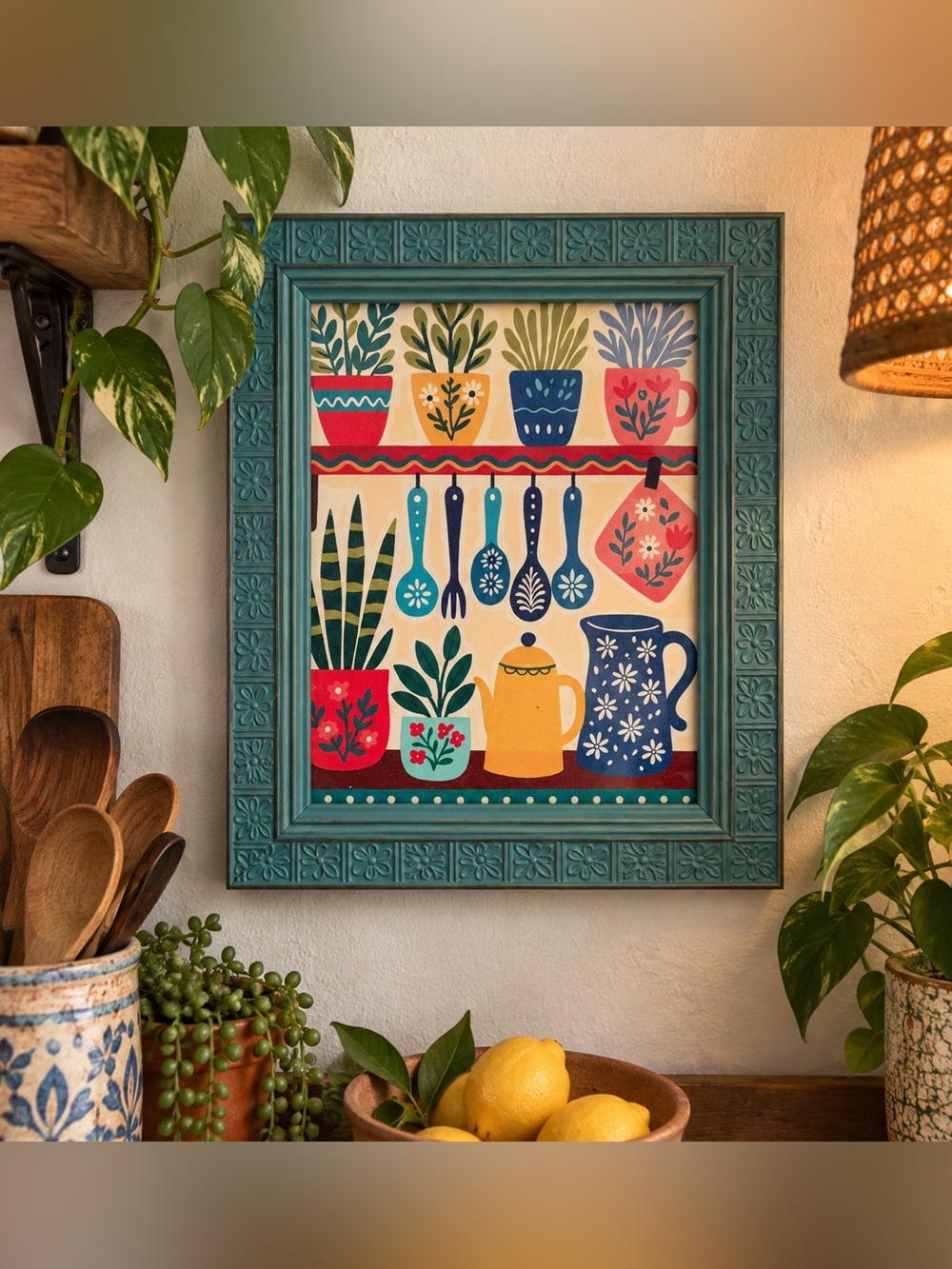Colorful Boho Kitchen Wall Art Framed Folk Art Plants Utensils Cottagecore
